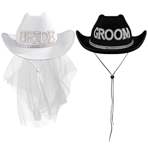 Braut Cowgirl Hut mit Schleier, Bräutigam und Brauthüte, rassemischem schwarzem Bräutigam -Hut, Nicht gewebter Cowboyhut mit Kinngurt für Frauen Hochzeit Brautdusche Dekoration von Kalastussaari