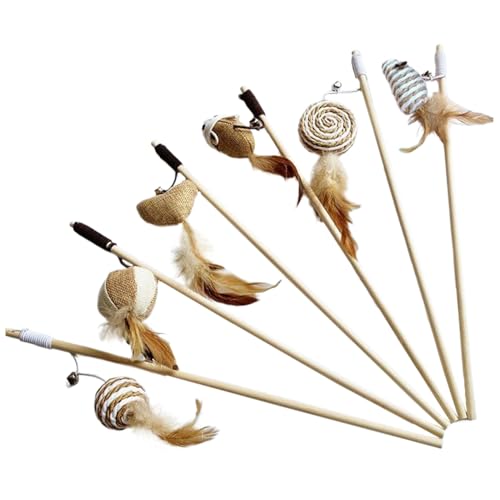 Kalastussaari Feathers Leinenstab, 6pcs Catcher Teaser Stick, 40 cm Holzkatze Interaktives Spielzeug für Katzenkätzchen von Kalastussaari
