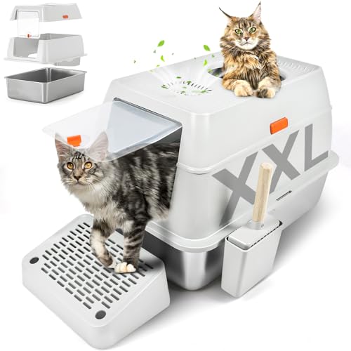 Kalolary XXL Edelstahl Katzenklo mit Deckel, Geschlossene Herausnehmbare Katzentoilette, Große Katzen WC mit Hoher Abnehmbarer Rand, Auslaufsicher, Leicht zu Reinigen (Grau -Einstieg Oben) von Kalolary