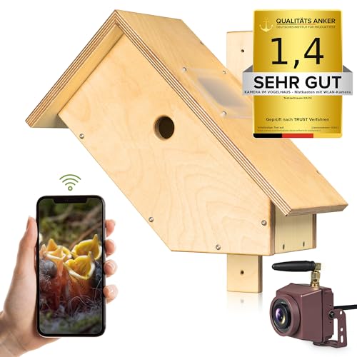 Kamera im Vogelhaus Nistkasten mit WLAN-Kamera. Autark & wetterfest, mit idealem Lichteinlass für störungsfreie Brut, mit HD Video, Ton, 64 GB Speicher, Infrarot LEDs, inkl. App für iOS & Android. von Kamera-im-Vogelhaus