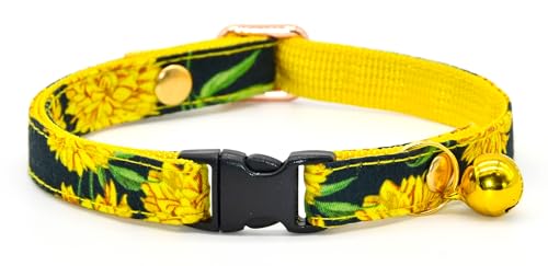 Chrysanthemum Katzenhalsband, Sicherheits-Halsband, Gänseblümchen, Schwarz und Gelb, Größe XS (20,3 cm – 33 cm) von Kamercy