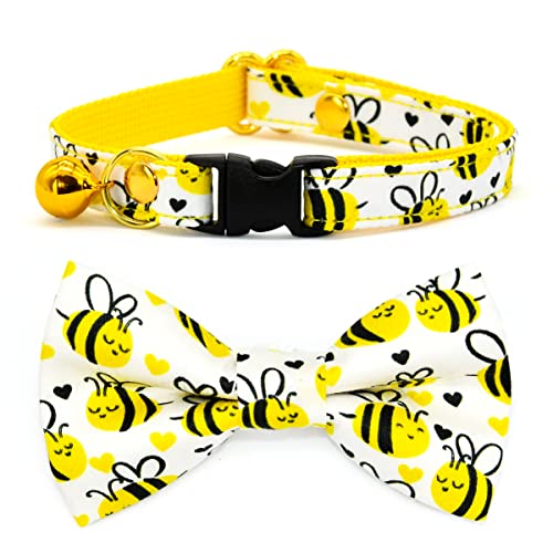 Kamercy Katzenhalsband, Schleife, gelbe Biene, Katzenhalsband, Schleife mit Anhängern und Glöckchen, Sicherheitsverschluss, niedliche Katzen-Outfits, 20,3–33 cm von Kamercy