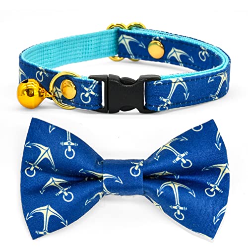 Kamercy Katzenhalsband, Schleife, marineblaue Anker-Katzenhalsbänder, Schleife mit Charms und Glocke, Sicherheitsabbrechung, Katzenhalsband, niedliche Katzen-Outfits, 20,3–33 cm von Kamercy