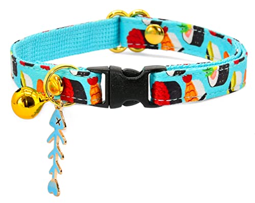 Kamercy Katzenhalsband mit Anhänger, helles Sushi, Blau und Orange, Lachs-Katzenhalsband, Sicherheitsverschluss, Größe XS (20,3 cm – 33 cm) von Kamercy