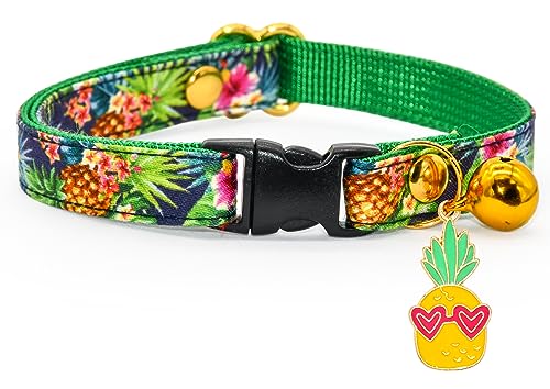 Kamercy Katzenhalsband mit Anhänger – tropische Ananas – Gelb & Grün Frond Sommer Katzenhalsband, Sicherheitsverschluss, Katzenhalsband, XXS (15,2 cm – 25,4 cm) von Kamercy