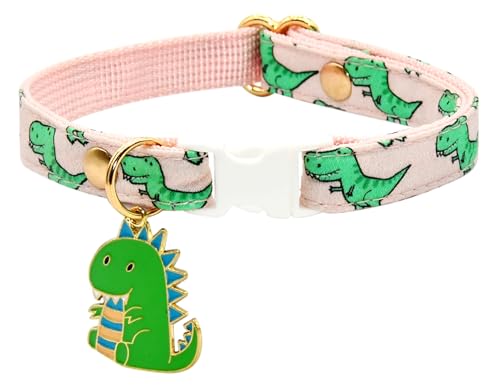 Katzenhalsband mit Dino-Charm, blassrosa und grünes Dinosaurier-Muster, Größe XXS (15,2 cm – 25,4 cm) von Kamercy