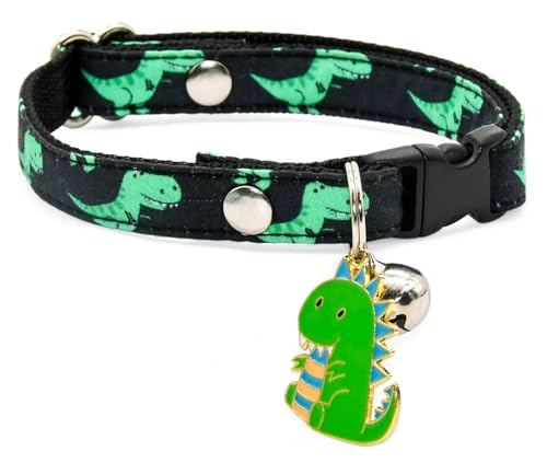 Katzenhalsband mit Dino-Charm, elegantes schwarz-grünes Dinosaurier-Muster, Größe XS (20,3 cm – 33 cm) von Kamercy