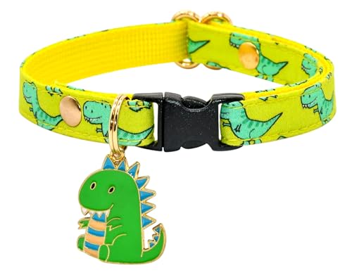 Katzenhalsband mit Dino-Charm, hellgrünes und grünes Dinosaurier-Muster, Größe XS (20,3 cm – 33 cm) von Kamercy
