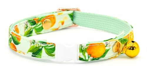 Orange Katzenhalsband, Sicherheitsverschluss, Sommergrünes Blatt und Orange, Größe XS (20,3 cm – 33 cm) von Kamercy
