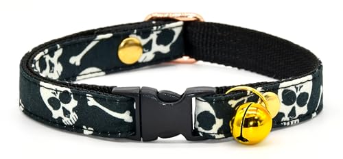 Totenkopf-Katzenhalsband, Sicherheitsverschluss, schwarzer Hintergrund, Größe XS (20,3 cm – 33 cm) von Kamercy
