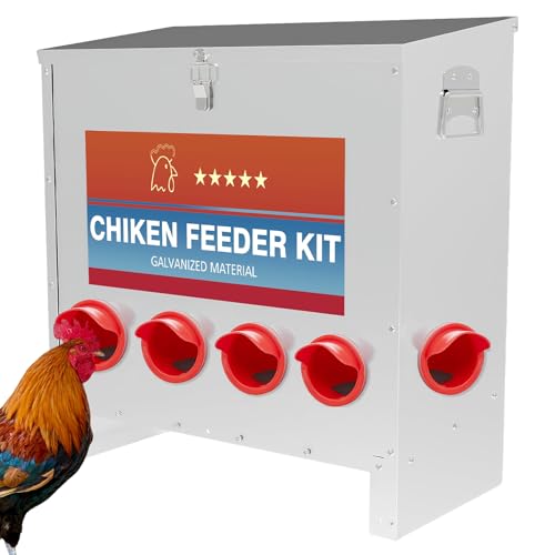 Hühner-Futterspender aus Metall mit Verriegelungsdeckel, 38,6–54,4 kg, große Kapazität, verzinkte Hühner-Futterspender, kein Abfallreinigungsdesign, regenfeste Geflügel-Futterspender für Hühner, Enten von Kamitaly