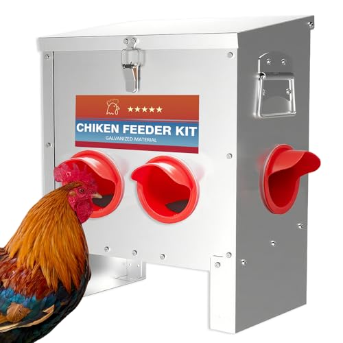 Hühner-Futterstation aus Metall mit Verriegelungsdeckel, 11,3 kg Kapazität, verzinkter Hühner-Futterspender, kein Abfallreinigungsdesign, regenfeste Geflügel-Futterspender für Hühner, Enten, Truthähne von Kamitaly