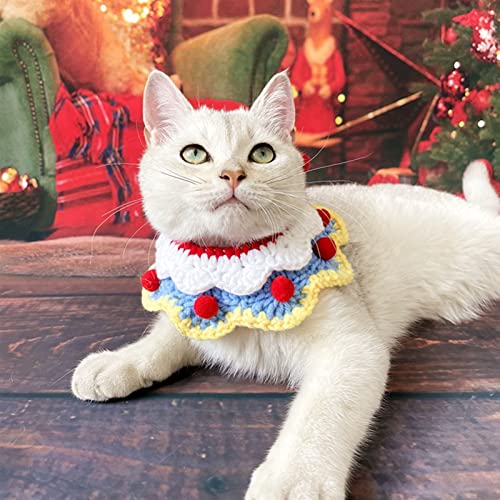 Kangmeile Weihnachtsschal für Haustiere, Gestrickter Schal für Haustiere, Niedlicher Weihnachtskragen, Roter Schal mit Weißer Schneeballdekoration für Hunde und Katzen(M-Blauer Doppelkragen) von Kangmeile