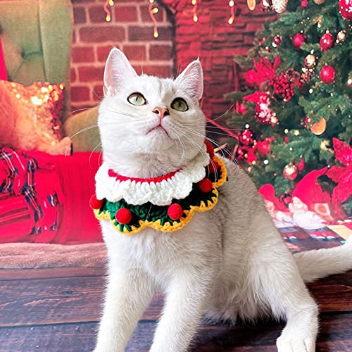Kangmeile Weihnachtsschal für Haustiere, Gestrickter Schal für Haustiere, Niedlicher Weihnachtskragen, Roter Schal mit Weißer Schneeballdekoration für Hunde und Katzen(S-Grüner Doppelkragen) von Kangmeile