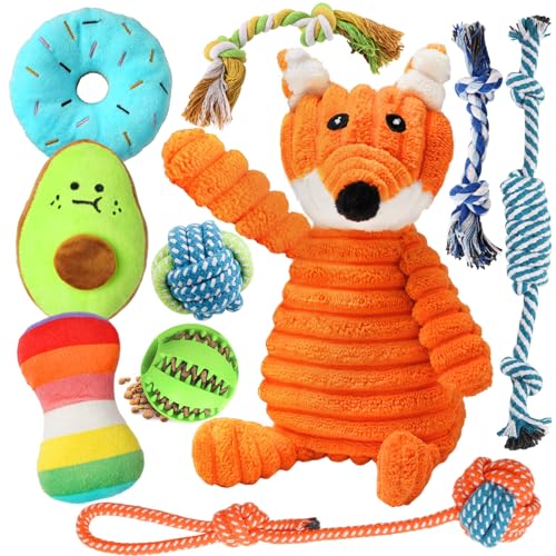 10 Stück Luxus-Welpenspielzeug für zahnende kleine Hunde, quietschendes Plüsch-Seilspielzeug-Set, Welpen-Kauspielzeug mit niedlichem Quietsch-Hundespielzeug, Ball und mehr Seil-Kauspielzeug, von Kapetgo