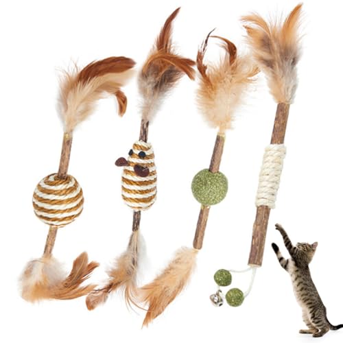 Kapmore Haustier-Kauspielzeug-Set für Indoor-Katzen: interaktives und ansprechendes 4-teiliges Silvervine Stick-Spielzeug mit tragbarem und niedlichem Design von Kapmore