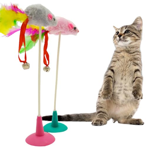Kapmore Katzenstab-Teaser mit Maus verziert: Kätzchen-Spielstab mit Glocke und Saugnapf, tragbares Übungsspielzeug zum Beißen von Kapmore