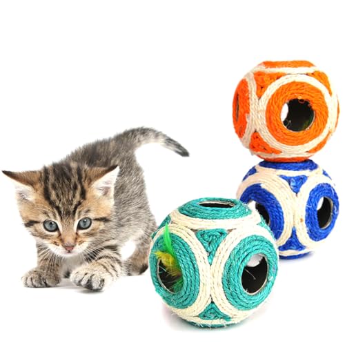 Kapmore Pet Interaktives Sisalball-Spielzeug mit künstlichen Federn, Doppelpack: lustiges und kratzendes Spielzeug für Katzenverlobung von Kapmore