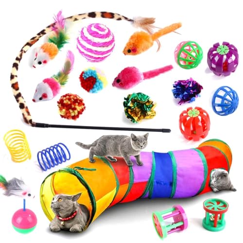 Katzenspiel-Set mit 20 Stück – Kätzchentunnel-Spielzeug, Regenbogen-Teaser, Ratte und Mäuse, Kaubälle für Haustiere von Kapmore