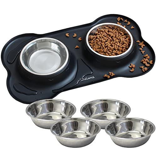 KaraLuna Napfunterlage aus Silikon mit Edelstahl Futternapf I Für Katzen & Hunde I Fressnapf Katze Futternapf Cat Bowl Hundenapf Katzenfressnapf Näpfe Station Napf Unterlage (400ml, Schwarz) von KaraLuna