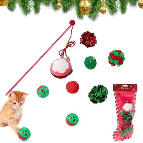 Kasmole Katzenstabspielzeug - Weihnachtskatzen-Zauberstab-Spielzeug - Interaktiver Kätzchen-Teaser, Haustier-Katzen-Stick-Spielzeug für gelangweilte Katzen im Innenbereich von Kasmole