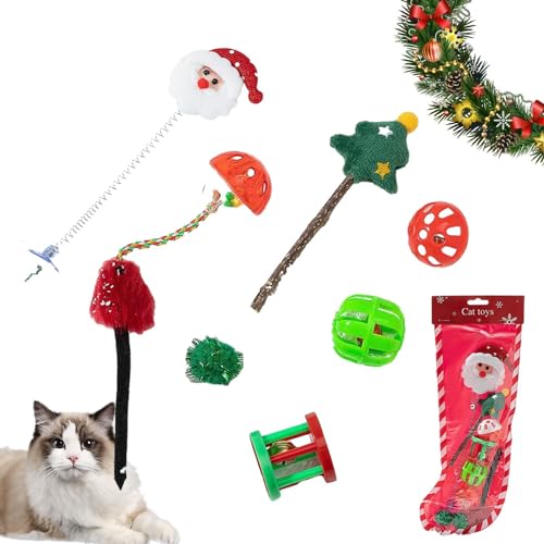 Kasmole Weihnachtskatzenspielzeug, Weihnachtskätzchen-Zauberstab-Teaser-Spielzeug, Interaktives Katzenspielzeug-Set, Spielzeug zum Necken von Haustieren, lustige Übung für Kätzchen und Katzen von Kasmole