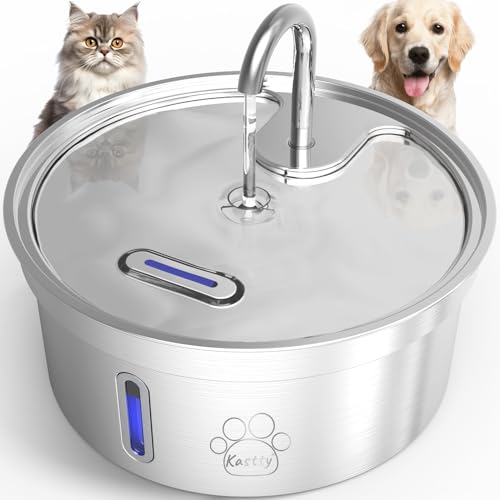 Kastty Katzen-Wasserbrunnen, Lebensmittelqualität 304 Edelstahl, Haustier-Wasserbrunnen, robuster Hundebrunnen mit fünf Filtrationen und sicherer intelligenter LED-Pumpe und klarem Wasserfenster, 4 l, von Kastty