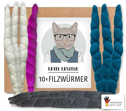 10 handgerollte Filzwürmchen aus 100% Schurwolle. In Deutschland mit Liebe gefertigtes nachhaltiges Katzenspielzeug aus regionalem Naturmaterial. von Kater Kasimir