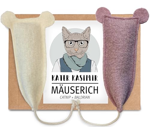 2 handgenähte Spielmäuse für Katzen mit Katzenminze- und Baldrian-Füllung | In Deutschland von Hand und mit Liebe aus reinem Wollfilz hergestellt von Kater Kasimir