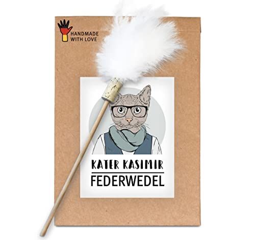 Premium Federwedel - In Deutschland von Hand und mit Liebe gefertigtes nachhaltiges Katzenspielzeug. Mit Holzstab aus Buche und echten Naturfedern, Katzenangel von Kater Kasimir