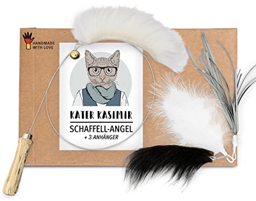 Katzenangel Katzenspielzeug | Stabiler Langer Draht mit 4 Anhängern zum Wechseln mit Federn, echtem Leder, Bändern | Liebevolle Handarbeit aus Deutschland | Natürliches Katzenspielzeug für Katzen von Kater Kasimir