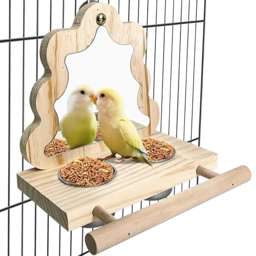 Kathson Papageien-Futterbecher aus Holz, kleine Vogel-Fütterschale, Tassen, Edelstahl, Papageien-Näpfe, Wasserschalen mit Vogelfutterhalter für Nymphensittiche, Sittiche, Aras, Finken, Lovebirds von Kathson