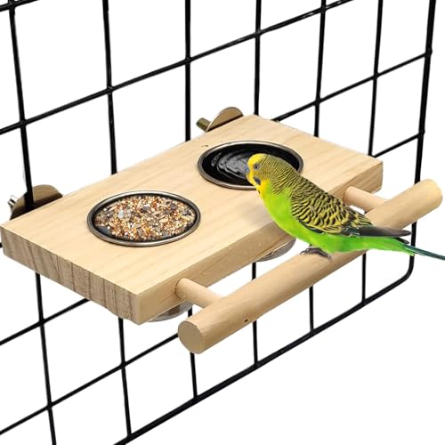 Kathson Vogelfutter Edelstahl Tassen Holz Sitzstange Stand Hanging Feeder Schalen Fütterung und Tränken Zubehör für Sittiche Sittiche Wellensittiche Papagei von Kathson