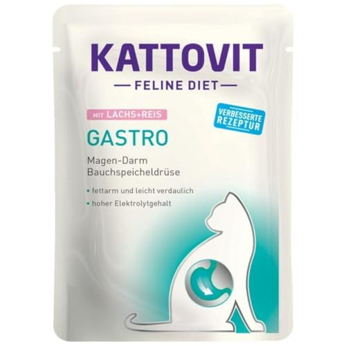 KATTOVIT Gastro Lachs + Reis| Diät-Katzenfutter| 85g| Nassfutter für Katzen bei Verdauungsproblemen| von Kattovit