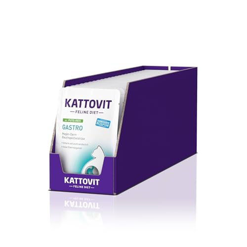 KATTOVIT - Gastro Nassfutter für Katzen | Katzen-Nassfutter zur Unterstützung des Magen-Darm-Systems | Diät-Alleinfuttermittel im Frischebeutel für ausgewachsene Katzen | 24 x 85 g Pute mit von Kattovit