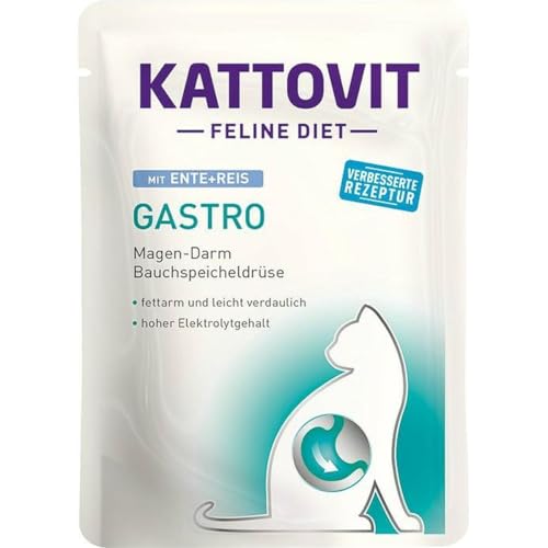 KATTOVIT - Gastro Nassfutter für Katzen | Unterstützung des Magen-Darm-Systems | Diät-Alleinfuttermittel im Frischebeutel für Ausgewachsene | 85 g Ente Mit Reis von Kattovit