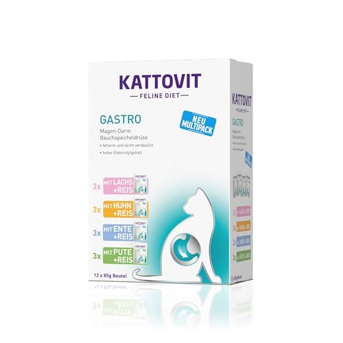 KATTOVIT - Gastro Multipack Nassfutter für Katzen | Katzen-Nassfutter zur Unterstützung des Magen-Darm-Systems | Diät-Alleinfuttermittel im Frischebeutel für ausgewachsene Katzen | 12 x 85g von Kattovit