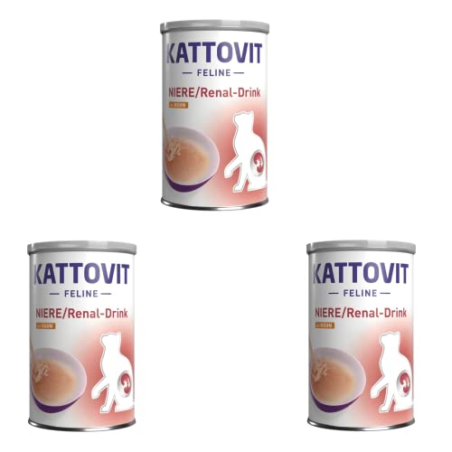 Kattovit Niere/Renal-Drink Huhn | 3er Pack | 3 x 135 ml | Ergänzungsfuttermittel für ausgewachsene Katzen | Fleischstückchen mit Huhn | Zur Unterstützung der Nierenfunktion von Kattovit