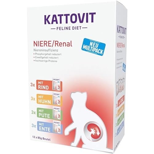 Kattovit Niere/Renal Multipack | 12 x 85 g | Diät-Alleinfuttermittel für Katzen mit 4 verschiedenen Sorten im Frischebeutel | Zur Untersützung der Nierenfunktion von Kattovit