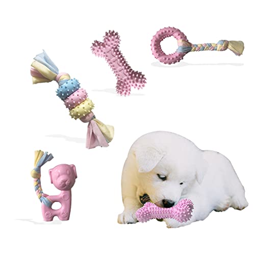 Kattypet Welpenspielzeug zum Zahnen, Welpen-Kauspielzeug für kleine Hunde, lindert Zahnungsschmerzen, lindert Angstzustände, langlebig, Naturkautschuk und Baumwolle, 4 Stück (Rosa) von Kattypet