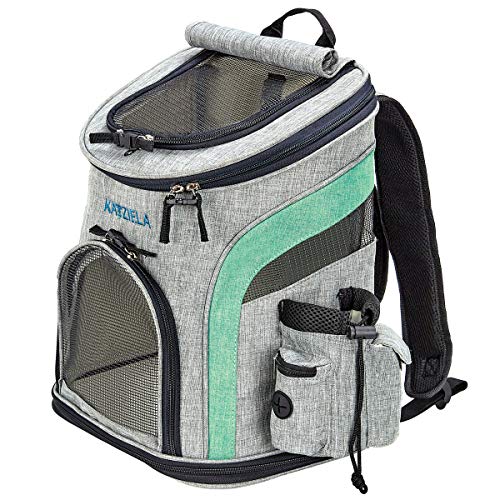 Katziela Pet Carrier Rucksack - für kleine Hunde und Katzen - Wasserflasche, Kotbeutel und Aufbewahrungstaschen, 3 Netzfenster, Netz oder Schatten - Bonus: 2 Kotbeutelrollen, Black With Green Accents von Katziela