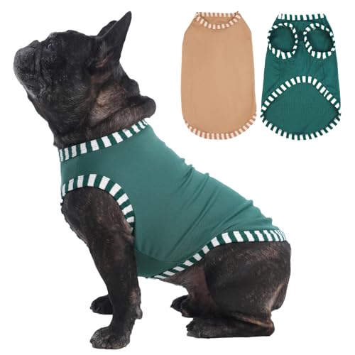 Katzinst 2 Pack Hunde-Shirts, Shirt für Kleine Hunde, Ärmelloses Weste, Pullover für Heißes Wetter, Elastisches, Weiches, Sommer Pullover für Französische Bulldogge (Grün, Khaki L) von Katzinst