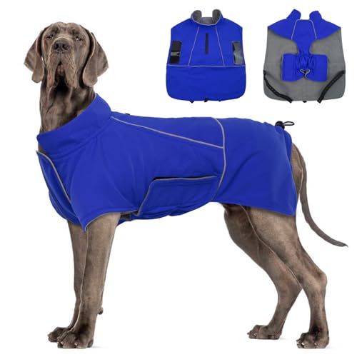 Katzinst Hundemantel, Hundejacke Winter Warmer Hunderegenmantel für Große Hunde,Hundemantel Wasserdicht Maschinen Waschbarer, HundeKleidung Reflektierender Streifen Cheng Blau 4XL von Katzinst
