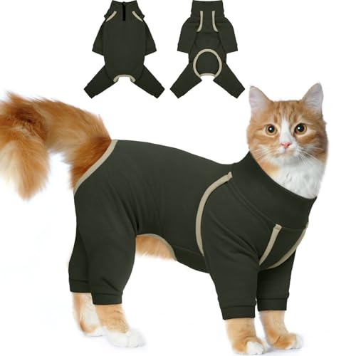 Katzinst Katzenpullover,Katzenbekleidung aus Klebrigem Fell mit Reißverschlüssen,Katzenpyjamas, 4-beinige Katzenbekleidung, Vorbeugung von Haarausfall,Katzenbody Langarm, (Grün,2XL) von Katzinst