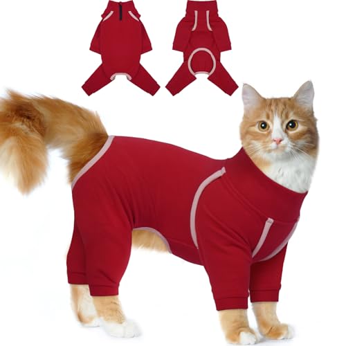 Katzinst Katzenpullover,Katzenbekleidung aus Klebrigem Fell mit Reißverschlüssen,Katzenpyjamas, 4-beinige Katzenbekleidung, Vorbeugung von Haarausfall,Katzenbody Langarm, (Burgundy,L) von Katzinst