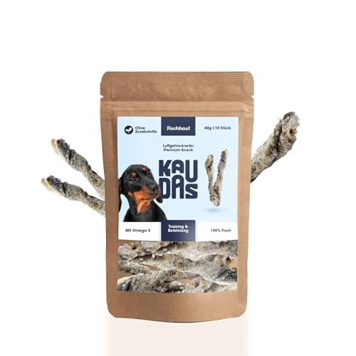 KAUDAS Fischhaut Fit-Knusper Sticks – 2 x 60 g Kausnack Hund aus 100% luftgetrockneter Kabeljau Fischhaut, Hundeleckerli zum Knabbern, reich an Omega-3, Vitamin E, Kollagen – ohne Zusatzstoffe KAUDAS Fischhaut Fit-Knusper Sticks – 2 x 60 g Kausnack Hund aus 100% luftgetrockneter Kabeljau Fischhaut, Hundeleckerli zum Knabbern, reich an Omega-3, Vitamin E, Kollagen – ohne Zusatzstoffe von Kaudas