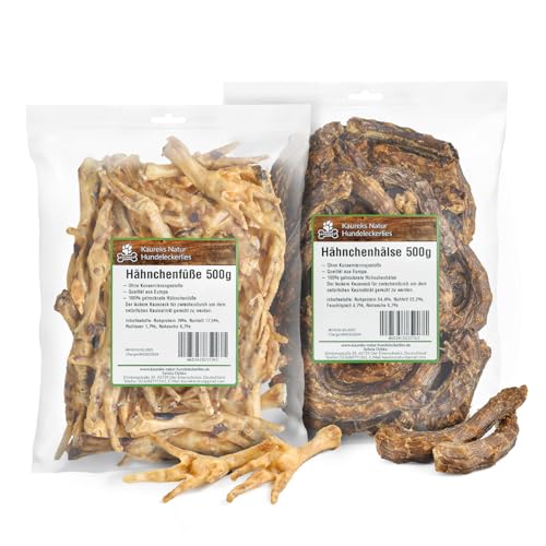 Kaureks Natur Hähnchenfüße 500g & Hähnchenhälse 500g, wie Hühnerhälse, Hühnerfüße, Putenhälse Kausnack, Hundefutter, Kauartikel, Hundeleckerlies von Kaureks Natur Hundeleckerlies