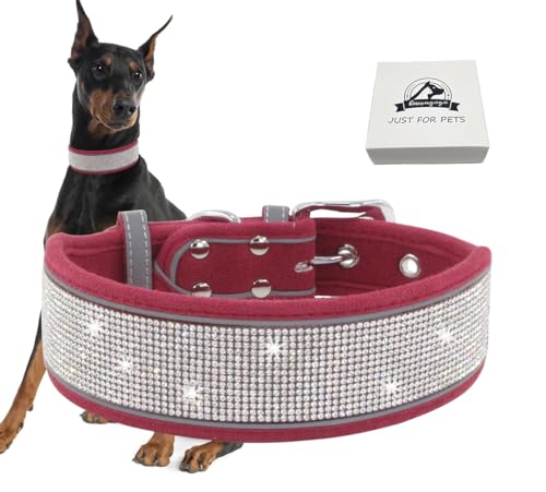 Bling Diamond Hundehalsband für Damen und Mädchen, weiches Samt-Leder mit ausgefallenen funkelnden Kristall-Strasssteinen, reflektierenden Streifen, für mittelgroße und große Hunde (Rot, L) Bling Diamond Hundehalsband für Damen und Mädchen, weiches Samt-Leder mit ausgefallenen funkelnden Kristall-Strasssteinen, reflektierenden Streifen, für mittelgroße und große Hunde (Rot, L) von Kawagogo