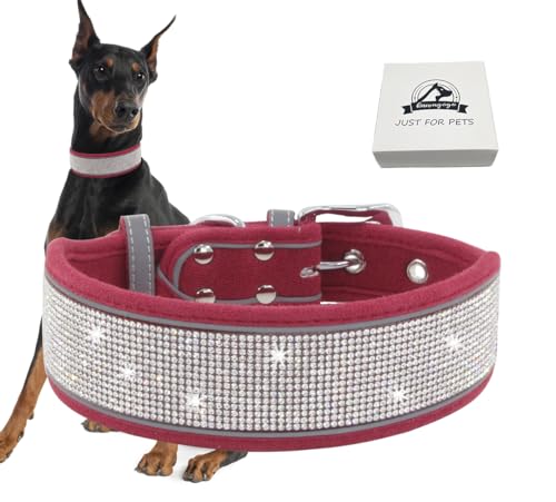 Bling Diamond Hundehalsband für Damen und Mädchen, weiches Samt-Leder mit ausgefallenen glitzernden Kristall-Strasssteinen, reflektierenden Streifen, für mittelgroße und große Hunde und Welpen, Rot, von Kawagogo