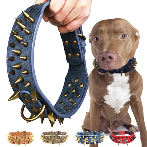 Kawagogo Hundehalsband mit Nieten, mit großen scharfen Spikes, PU-Leder, 5.1 cm breit, schützt den Hals des Hundes vor Bissen, Pitbull Dobermann Deutscher Schäferhund (blau, S) von Kawagogo